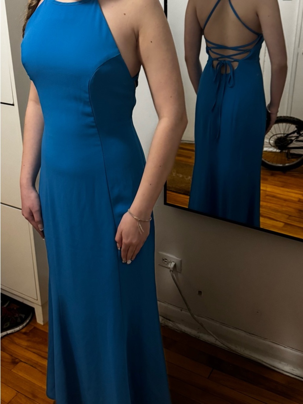 Backless Blue PromMaxi Dress with Crisscross Tie